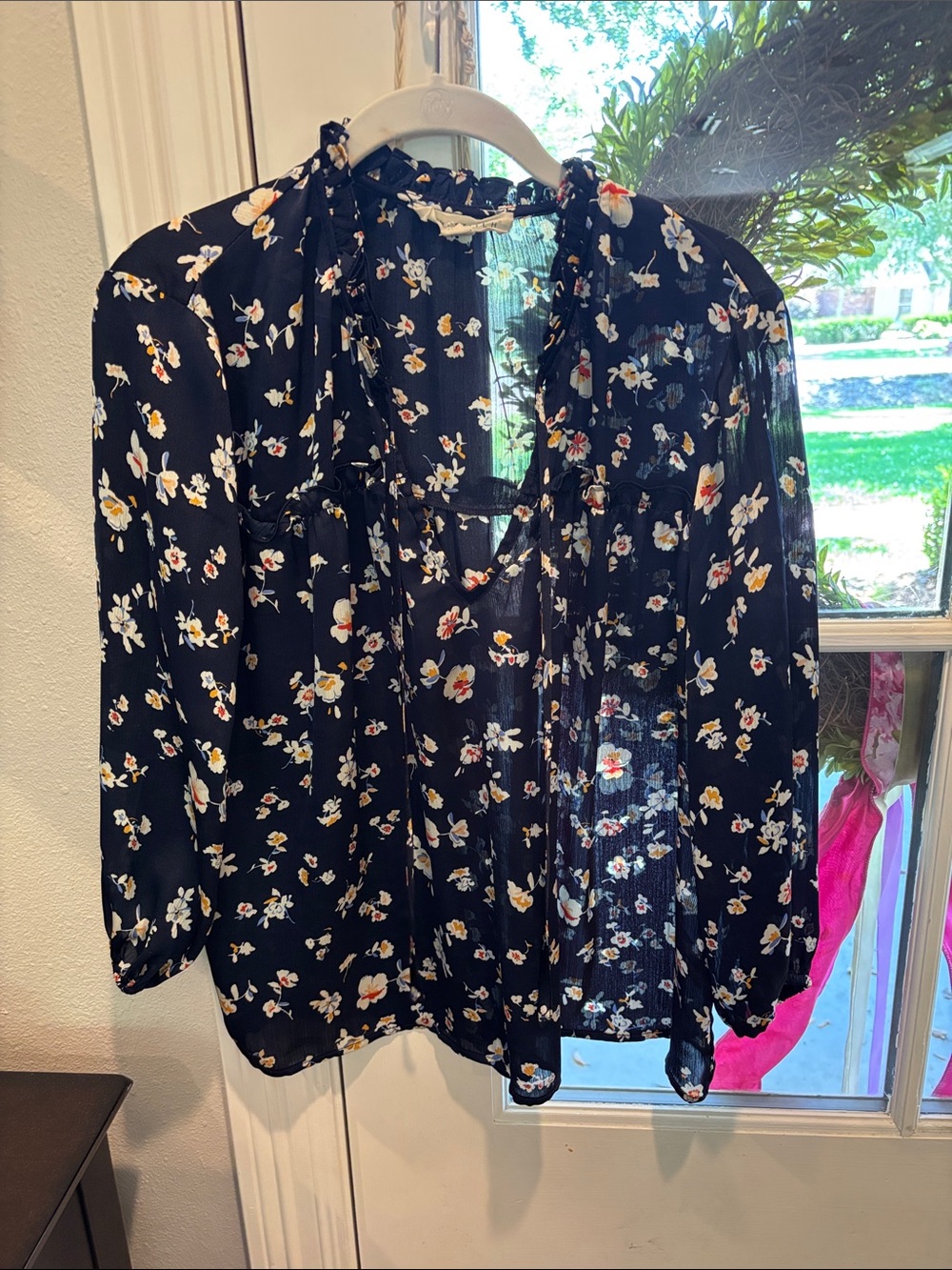 lovestitch Black Floral Tie-Neck Sheer Blouse